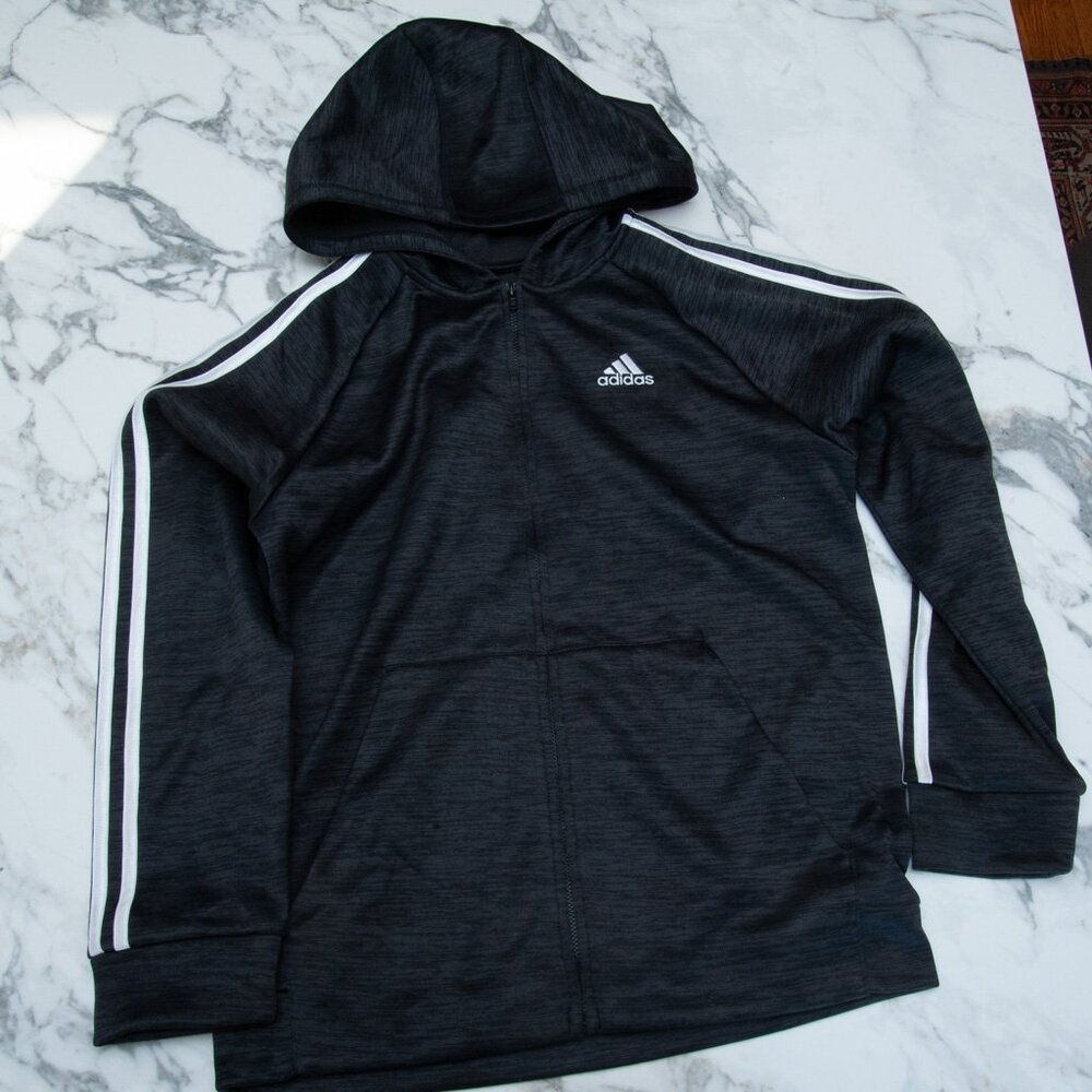 Adidas Fleece Lined Full Zip Gray Black Heather Hoodie Adult Small/Youth XXL?